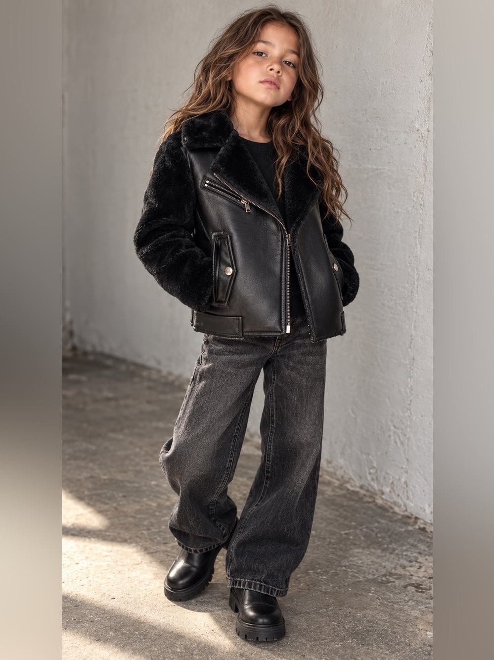 Zara Kids Black Faux Shearling Moto Jacket | Biker Streetwear 7-8